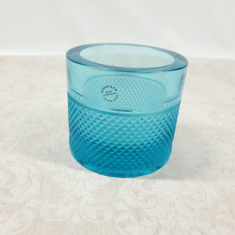 Tiffany & Co Diamond Point Votive Crystal Candle Holder Aqua Blue NEW No Box